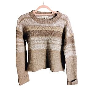 Rag Poets Womens S Cropped Sweater Chunky Knit Striped‎ Brown Tan Boho Cozy Fall